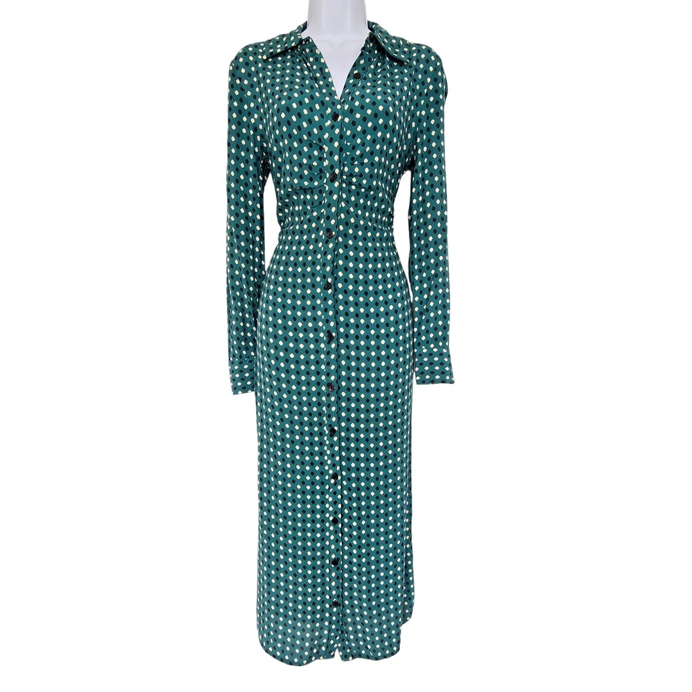 Easy Wear Green Dotted Button Front Midi Shirt Dress S Retro Minimalist Cottage
